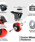 Heavy Duty 2 Inch Polyurethane Caster Wheels With Brake 8 Pack features 1200 lbs capacity, swivel brake, non-marking, and double ball bearings.