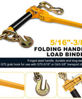 Beefy Heavy Duty Folding Handle Load Binder Set Five Sixteenths To Three Eighths Inch Ratchet Chain Binders With Grab Hooks G70T80 7100 Lbs WLL
