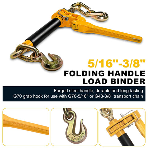 Beefy Heavy Duty Folding Handle Load Binder Set Five Sixteenths To Three Eighths Inch Ratchet Chain Binders With Grab Hooks G70T80 7100 Lbs WLL