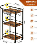 Top Shelf 3 Tier Rolling Bar Cart With Secure Wine Rack And Hassle Free Lockable Wheels, Rustic Brown dimensions and features overview.