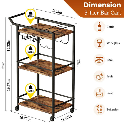 Top Shelf 3 Tier Rolling Bar Cart With Secure Wine Rack And Hassle Free Lockable Wheels, Rustic Brown dimensions and features overview.