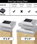 Post cap sizing chart showing 6 Pack Solar Post Lights Outdoor RGB Color Changing Post Cap Lights on 4x4 and 6x6 wooden posts.