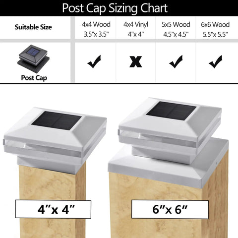 Post cap sizing chart showing 6 Pack Solar Post Lights Outdoor RGB Color Changing Post Cap Lights on 4x4 and 6x6 wooden posts.