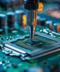 Soldering gun using Three Pack Desoldering Nozzles 1.6 mm For Soldering Gun Suction Nozzle Set on a circuit board.