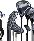 Mens Left Hand Golf Club Set Beginner Friendly 12 Piece Sweet Starter Kit With Carbon Shafts Adjustable Driver Loft Iron Wood Putter And Rolling Cart Bag To Crush Every Drive, showing full set and bag.