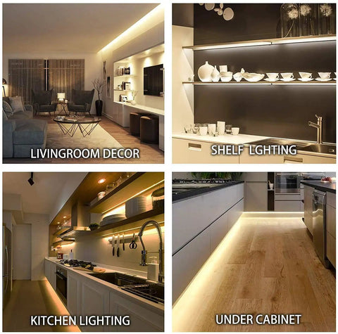 Under Cabinet LED Lighting Kit With Sixteen Point Four Foot Dimmable Tape Light 1050 Lumen Super Bright Warm White in rooms and shelves