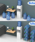 Before and after comparison of Heavy Duty Steel Water Jug Holder Stand For 5 Gallon Bottles, 3 Tier organizer in use