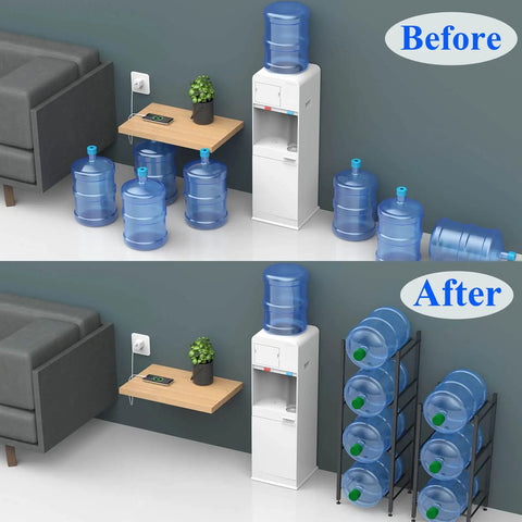 Before and after comparison of Heavy Duty Steel Water Jug Holder Stand For 5 Gallon Bottles, 3 Tier organizer in use