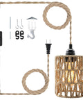 Amp Up Your Space With This Straight Up Badass Boho Pendant Light Featuring A Heavy Duty 16.5 Ft Plug In Swag Cord And Handwoven Rattan Cylinder Shade For Zero Hassle Setup And Chill Room Vibes, showing the lamp, cord and installation accessories.