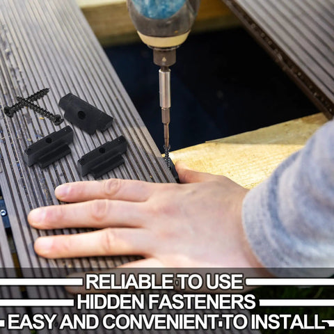 Person installing decking using Nylon Deck Fasteners Kit With Hidden Clips For Decking, Composite Board Fasteners and Metal Screws.