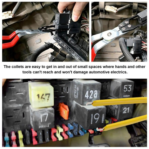 Close-up of 2-Piece Relay And Fuse Removal Tool Set With Relay Puller Pliers And Fuse Puller for car electrical disconnects.
