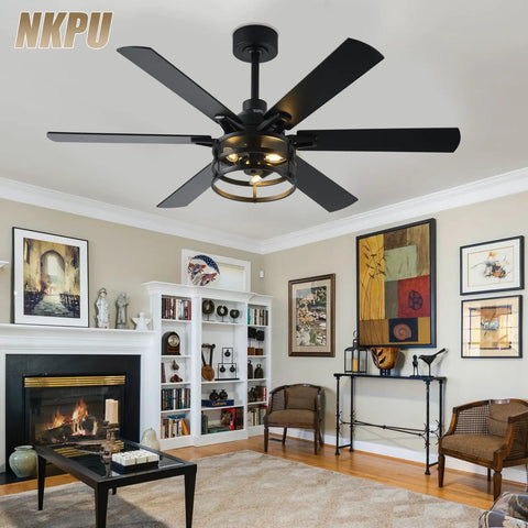 52 Inch Farmhouse Ceiling Fan With Light And Remote Black Industrial Caged Rustic Ceiling Fan With 6 Speed Reversible Motor And Dual Finish 6 Blades For Living Room Vibes installed in a cozy living room.