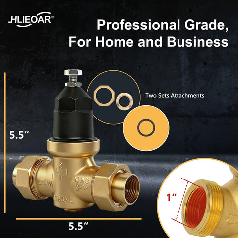 Front view of brass 1-inch NR3XLDU pressure reducing valve with double union FNPT connections and black cap