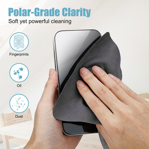 Hand using gray microfiber cloth on phone, part of 10 Pack Microfiber Cleaning Cloths For Electronics, Camera Lenses, Eyeglasses, Phones and Laptops Safe Gentle Wipe Kit For Dust Smudges Fingerprints Oils Streak Free Screen Care 7.1x5.9 In Gray.