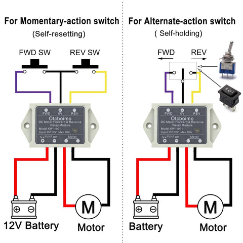 12V DC motor forward/reverse relay module wiring diagram; left shows momentary switch, right shows alternate-action