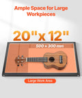 Image of a 55W CO2 Laser Engraver And Cutter With 20x12 Inch Working Area Desktop Machine, showcasing a ukulele fitting within work area.