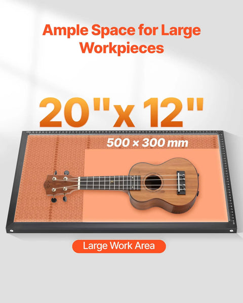 Image of a 55W CO2 Laser Engraver And Cutter With 20x12 Inch Working Area Desktop Machine, showcasing a ukulele fitting within work area.
