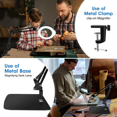 15X HD Magnifying Glass With Light for Crafts and Reading, adjustable swing arm lamp with metal clamp and base, in use on desk