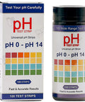 Packaging of All Purpose pH Test Strips 0 to 14, 100 Count Litmus Paper for liquids with color chart display