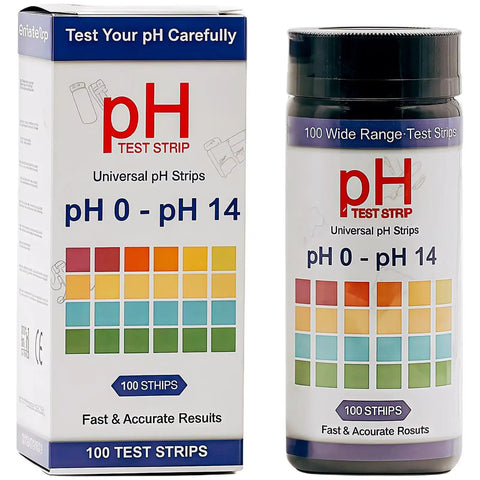 Packaging of All Purpose pH Test Strips 0 to 14, 100 Count Litmus Paper for liquids with color chart display