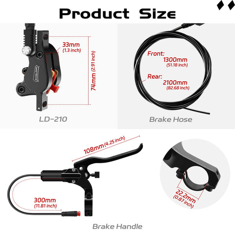 High Performance Electric Scooter Hydraulic Disc Brake Kit front and rear components showing sizes and details