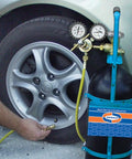 Nitrogen Sludge Sucker And Blaster Kit With Metal Carrying Stand For 40 Cubic Feet Tank Pro HVACR Gear Featuring 400 PSI Regulator Protective Boots Copper Line Purge Tank Not Included in use on car tire.