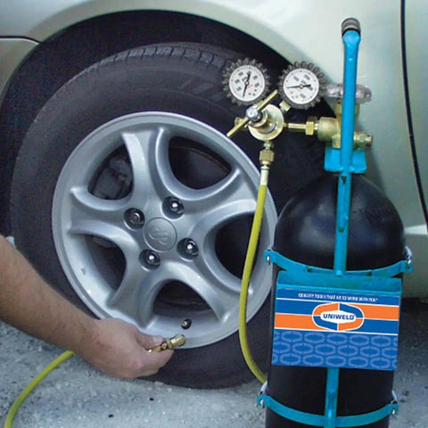 Nitrogen Sludge Sucker And Blaster Kit With Metal Carrying Stand For 40 Cubic Feet Tank Pro HVACR Gear Featuring 400 PSI Regulator Protective Boots Copper Line Purge Tank Not Included in use on car tire.