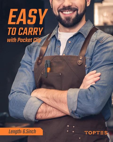 Man wearing apron with Portable Combustible Gas Leak Detector With Audible Alarm and Bright Visual LED in pocket clip
