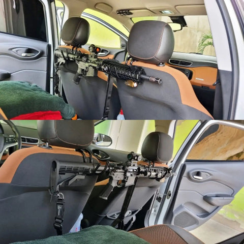 2 Pack Seat Back Rifle Rack For Truck And Car, Flexible Gun Holder Slings installed on rear seat, no rifles included, easy install
