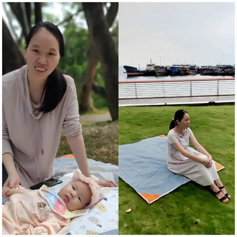 Woman using Pocket Picnic Blanket For Grab And Go Outdoor Fun That Folds Small And Lightweight Sandproof 55 By 60 Inch Beach Mat