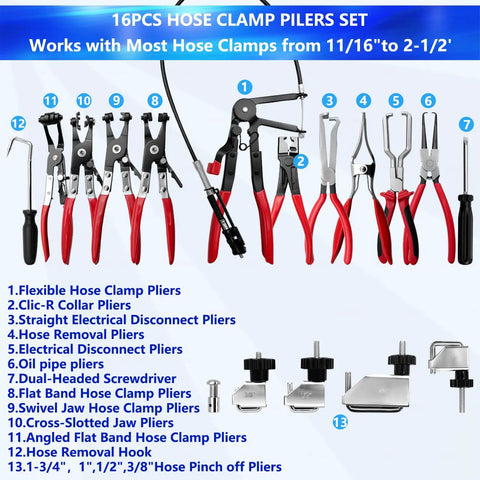 Pro Grade 16 Piece Hose Clamp Pliers Set With Long Reach Flexible Wire And Electrical Disconnect Pliers for maintenance