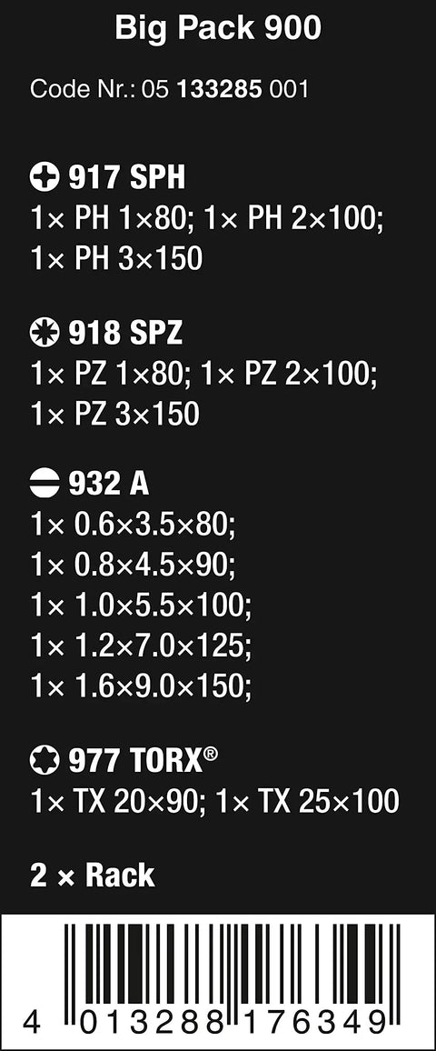 Kraftform Big Pack 900 13 Piece Slotted Phillips Pozidriv Torx Screwdriver Set product specifications and barcode detail