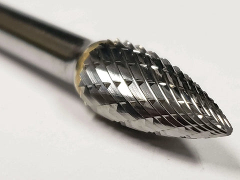 Close-up of Three Eighths Inch SG3 Pointed Tree Bur Double Cut Solid Carbide for ferrous and nonferrous metals, precision tool