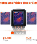 Handheld Thermal Imaging Camera With 320x240 Super Resolution And 25Hz Refresh Rate For Quick Moisture Checks Must Have High And Low Temp Alarm 8 Hour Battery Life Detect Water Leaks Behind Walls Hidden Moisture And Home Inspection showing photo and video recording capabilities, 8GB storage.