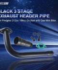 Black three stage exhaust header pipe and gaskets for Predator 212cc 196cc go-kart and gas mini bike, high temp tough metal.