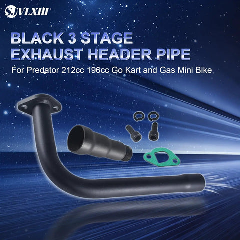 Black three stage exhaust header pipe and gaskets for Predator 212cc 196cc go-kart and gas mini bike, high temp tough metal.