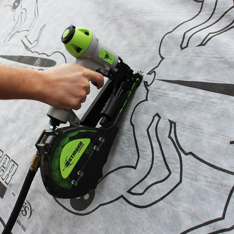 Pro Grade Pneumatic Collated Cap Stapler Blows Through Housewrap Foam Board And Underlayment With Insanely Fast Bump Fire Mode Holds Two Hundred Eighteen Gauge Staples An Absolute Job Site Beast installing housewrap with precision.