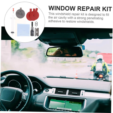Interior of a car dashboard with the Car Windshield Repair Kit For Chips And Cracks Quick Fix Portable Auto Glass Tool visible.