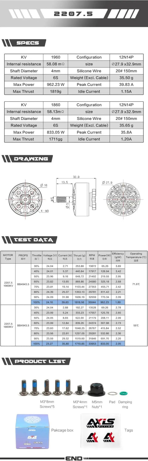 Specifications and components of Beefy Bando 2207 2207.5 1960KV FPV Brushless Motor for 6S LiPo with 5mm output shaft