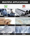 Image showing materials compatible with 230 Piece Titanium Twist Drill Bit Set: plastic, wood, sheet metal, excluding stainless steel, ceramic, glass.
