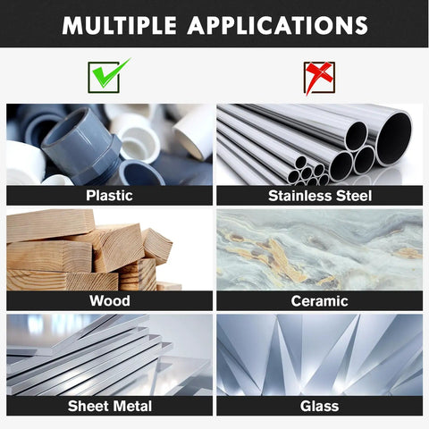 Image showing materials compatible with 230 Piece Titanium Twist Drill Bit Set: plastic, wood, sheet metal, excluding stainless steel, ceramic, glass.