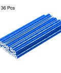 36 blue plastic reflective spoke skins in a stack, visible ends showing round cross-sections, enhancing visibility for bikes and motorcycles.