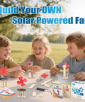 Six Solar Fan STEM Kits For Kids Ages Six To Twelve, Hands On Classroom Science Projects With Solar Panel, Motor, Blades, And Illustrated Instructions, Easy Assembly, Perfect For Learning Circuits And Solar Power. Children building solar fan kits outdoors on a table.