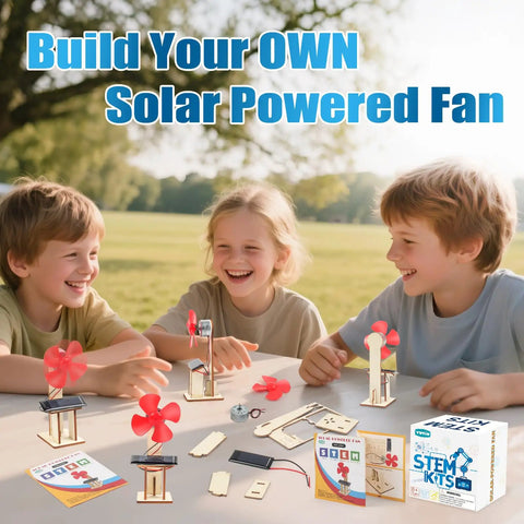 Six Solar Fan STEM Kits For Kids Ages Six To Twelve, Hands On Classroom Science Projects With Solar Panel, Motor, Blades, And Illustrated Instructions, Easy Assembly, Perfect For Learning Circuits And Solar Power. Children building solar fan kits outdoors on a table.