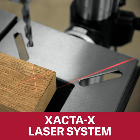 Xacta-X laser system used with Shop Beast 17 Inch Floor Drill Press for precise drilling guidance on wood.
