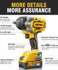 Heavy Duty Cordless Impact Wrench With Brushless Motor, 900 FT LBS Torque, One Half Inch Drive, 20 Volt Platform, Dual Four Ampere Batteries, Grease Monkey Approved For Rigs with LED light and soft grip design.