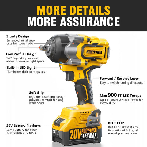 Heavy Duty Cordless Impact Wrench With Brushless Motor, 900 FT LBS Torque, One Half Inch Drive, 20 Volt Platform, Dual Four Ampere Batteries, Grease Monkey Approved For Rigs with LED light and soft grip design.