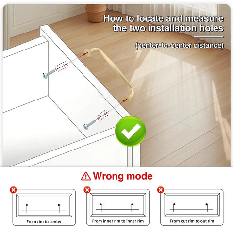 Instruction for 10 Pack Brushed Gold Cabinet Pulls For 5 Inch Center installation showing correct hole measurement for Boss Style handles.