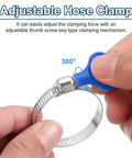 Close-up of thumb adjusting Stainless Steel Hose Clamps Worm Gear 15 Pack Adjustable 25 To 38 Mm Thumb Screw Clamp for fuel lines.