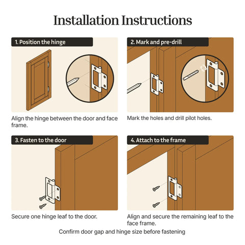 Installation instructions for Beefy Antique Brass Non Mortise Cabinet Door Hinge Set featuring Pro Grade Steel Build for Furniture Hardware.